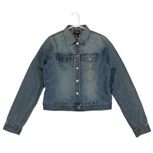 Vtg Rocawear Womens XL Blue Denim Cropped Jacket Medium Wash Portrait Floral Y2K